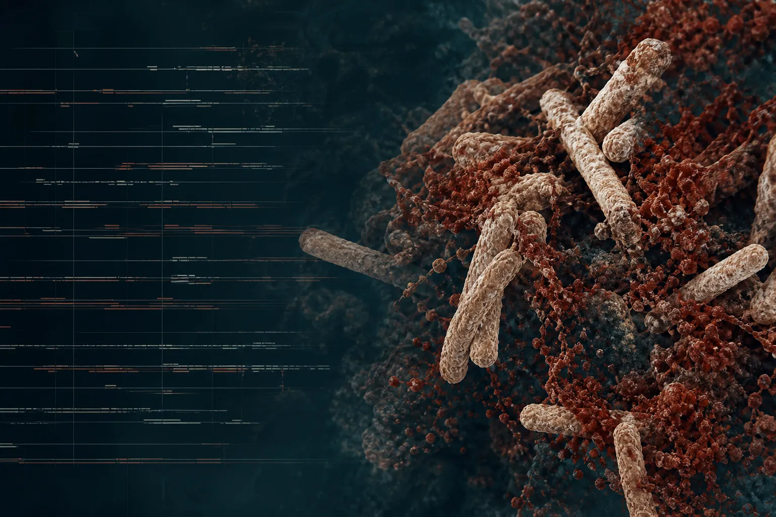 Textura microscópica editorial representando análisis genómico del complejo Mycobacterium tuberculosis